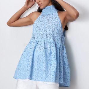 Zara Light Blue High Neck Halter Blouse Lace Bow Peplum